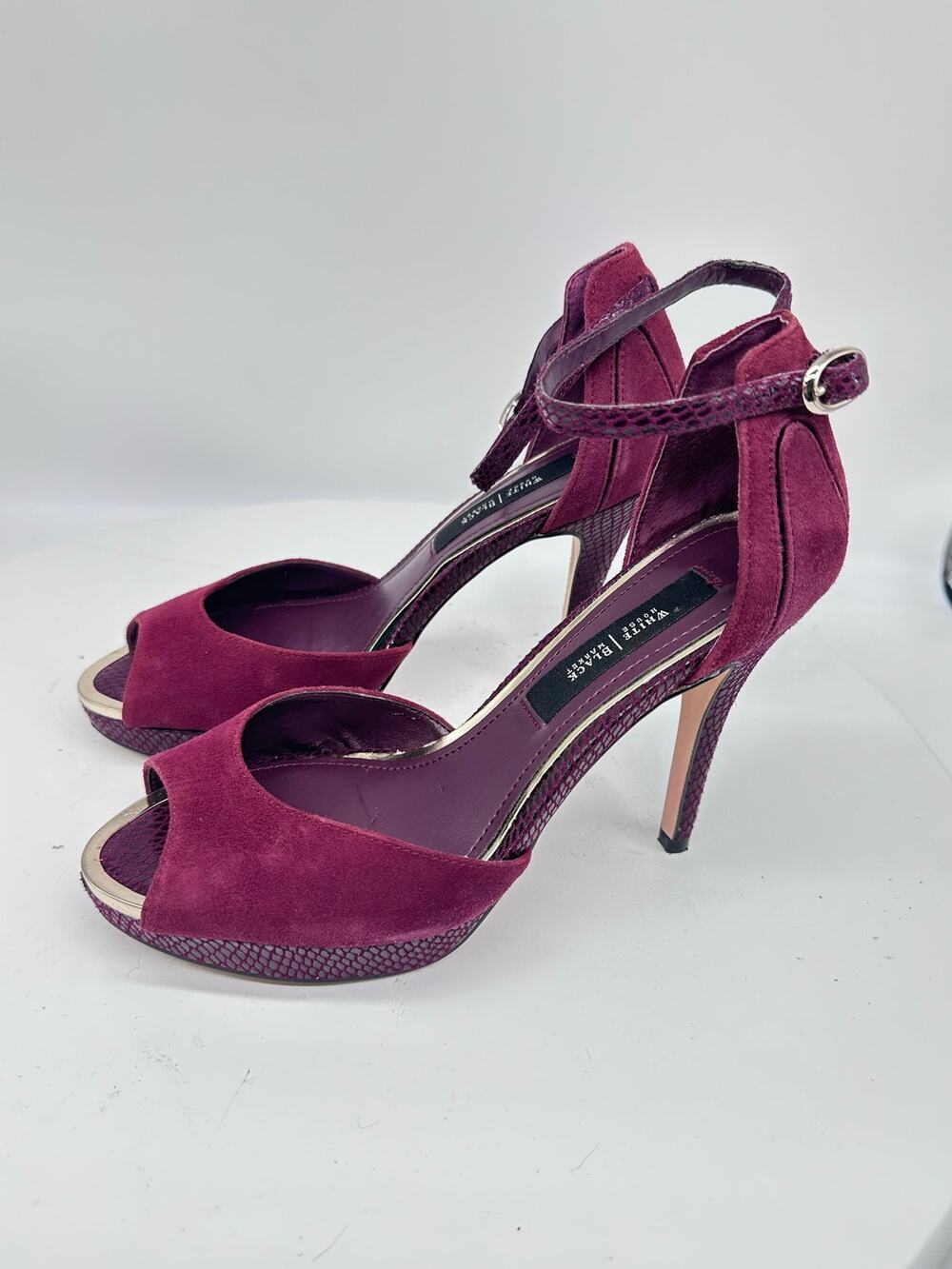 WHBM Peep Toe Platform Ankle Strap Stiletto Suede Burgundy 4" Heels Size 6.5